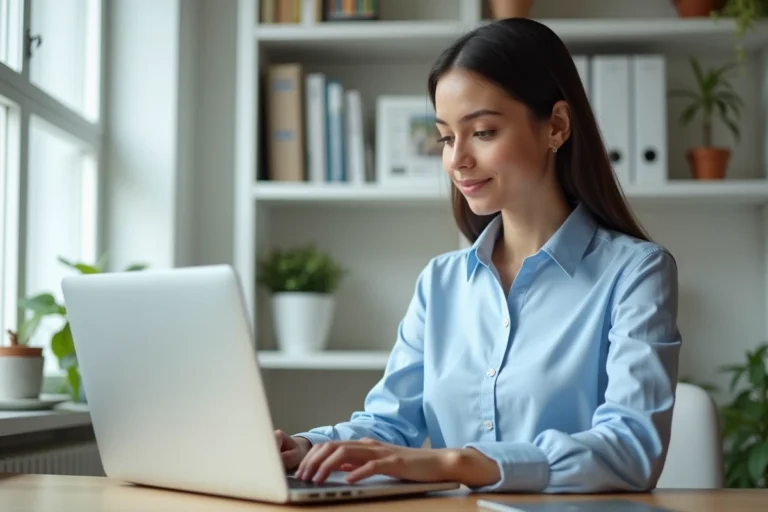 Femme accédant à son espace personnel sur un portail en ligne depuis son bureau à domicile
