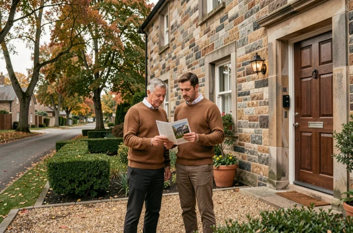 Couple visitant une maison en pierre à vendre dans un quartier résidentiel en automne