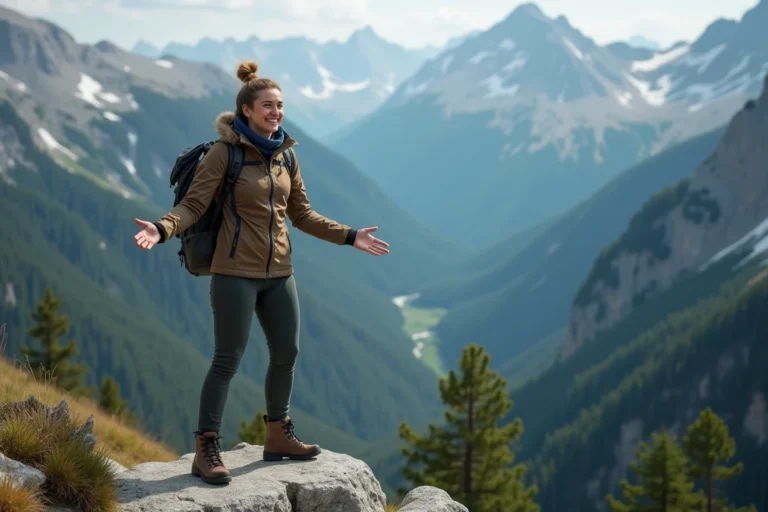 Femme souriante au sommet d'une montagne découvrant un panorama alpin lors d'une activité de randonnée incontournable