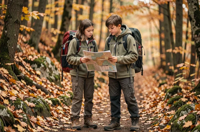 Deux adolescents en randonnée dans une forêt en automne, consultant une carte lors d'une activité de plein air et de découverte de la nature
