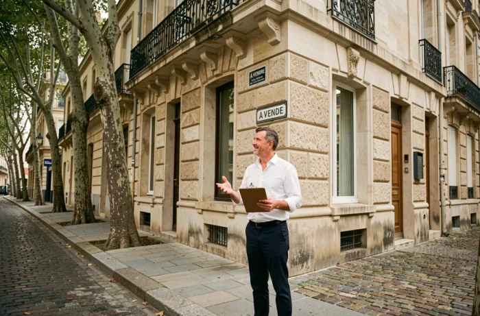 Agent immobilier devant un immeuble en pierre à vendre dans une rue européenne avec panneau À Vendre