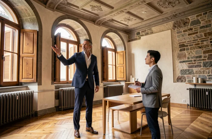 Agent immobilier faisant visiter un appartement de caractère rénové à Fribourg lors d'un projet immobilier en Suisse romande