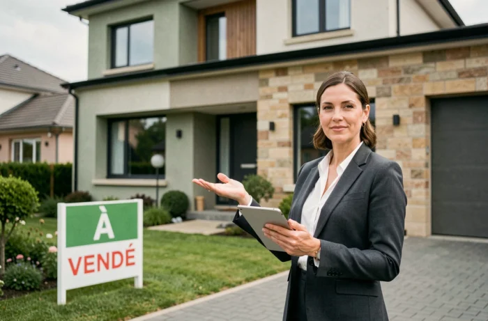 Agente immobilière devant une maison à vendre avec panneau et tablette numérique