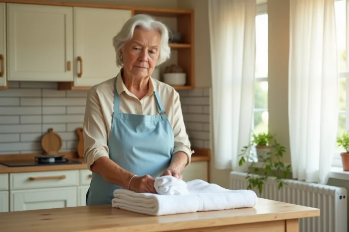 Aide à domicile pliant du linge dans une cuisine propre, illustrant le recours au CESU chèque domicile pour les services à la personne