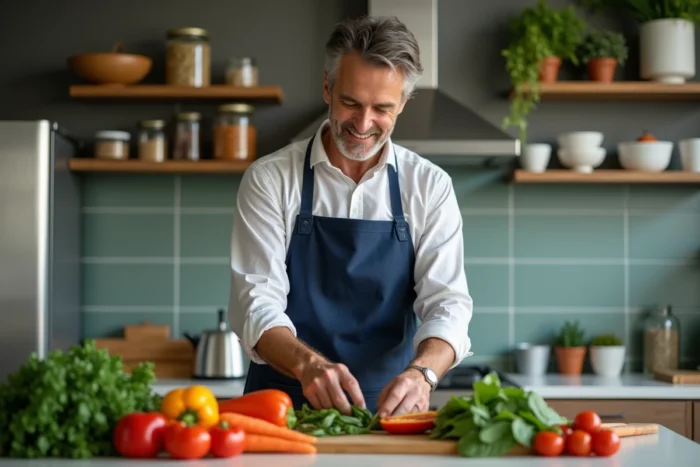 Homme préparant des légumes frais et colorés dans une cuisine moderne pour une alimentation saine et équilibrée