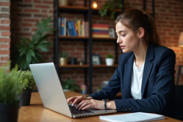 Jeune femme en alternance consultant ses résultats scolaires sur Ypareo via un ordinateur portable dans un espace de travail moderne