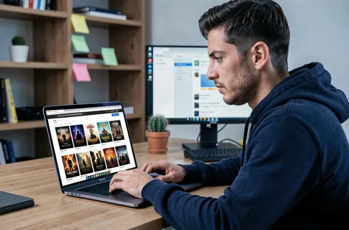 Homme recherchant des alternatives de streaming de films légales sur son ordinateur portable