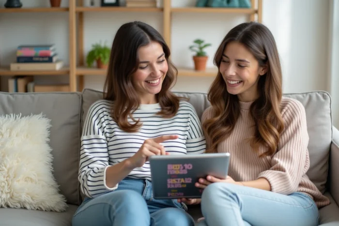Deux amies comparant des promotions et codes promo Zalando sur une tablette dans un salon moderne