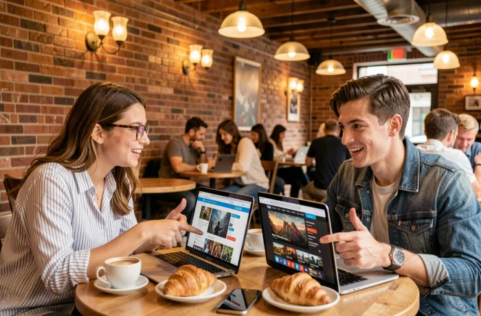 Deux amis discutant des dernières actualités cinéma et séries dans un café avec leurs ordinateurs