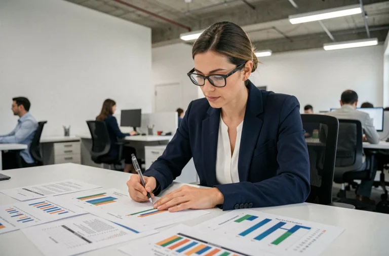 Analyste en études de marché annotant des graphiques statistiques dans un bureau moderne