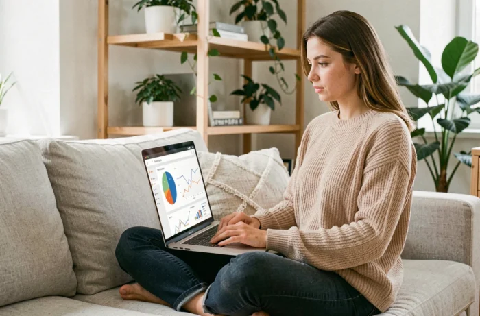 Jeune analyste consultant un tableau de bord de données quantitatives sur ordinateur portable