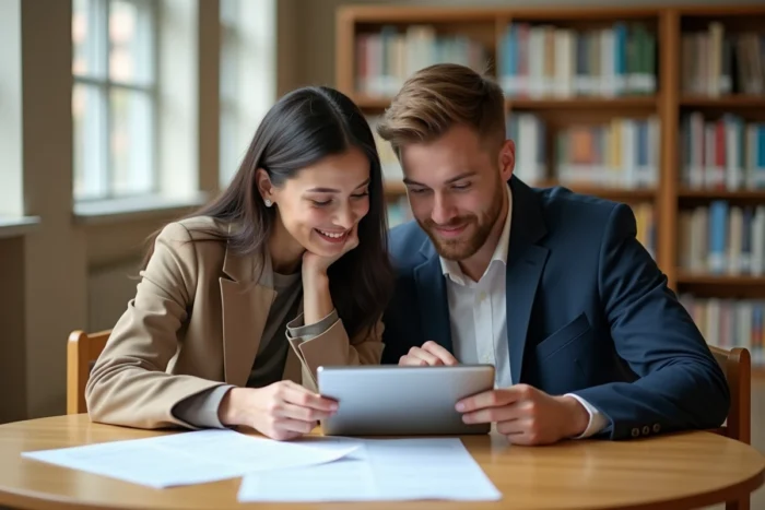 Two apprentices analyzing their report cards and exam grades together in a university library