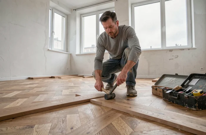 Artisan qualifié posant un parquet en chevrons dans un appartement en cours de rénovation immobilière