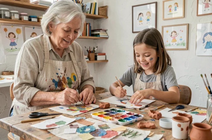 Une grand-mère et sa petite-fille créant ensemble des œuvres artistiques lors d'un atelier intergénérationnel à la maison