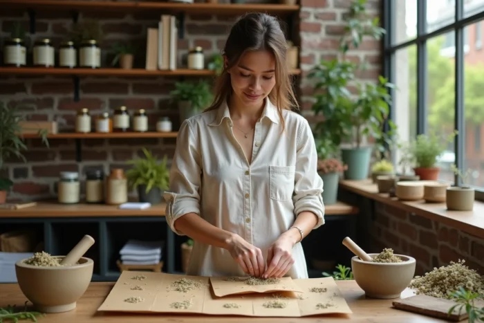 Jeune femme préparant des sachets de camomille dans un atelier d'herboristerie contemporain avec des livres botaniques et des plantes séchées