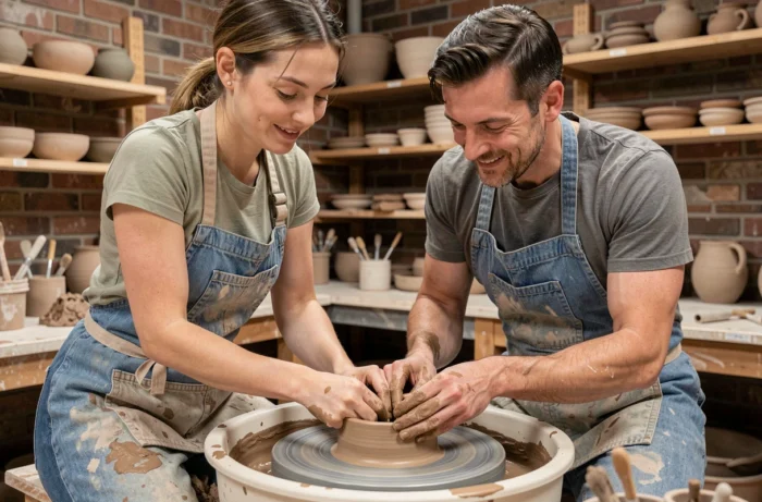 Couple adulte apprenant la poterie dans un atelier artisanal, les mains dans l'argile lors d'une activité de loisir créatif en intérieur