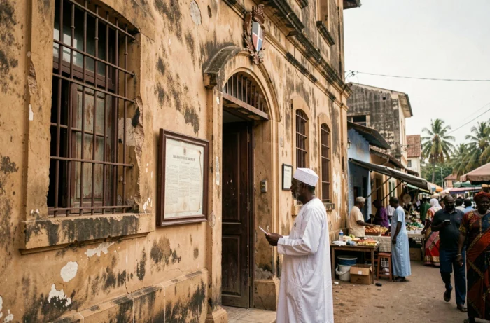 Bâtiment colonial français en Afrique de l'Ouest avec un homme en boubou traditionnel étudiant un document historique affiché à l'entrée