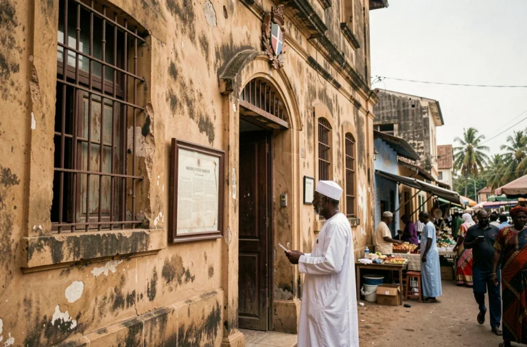 Bâtiment colonial français en Afrique de l'Ouest avec un homme en boubou traditionnel étudiant un document historique affiché à l'entrée