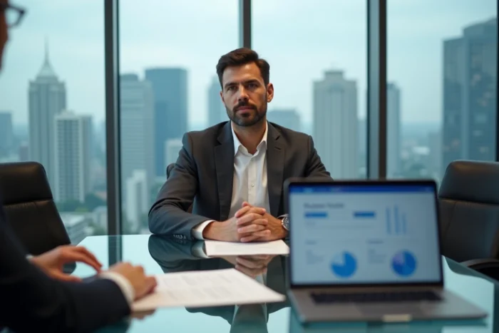Homme en blazer anthracite présentant un rapport d'évaluation de site web lors d'une réunion professionnelle, illustrant la conception du blog comme actif revendable