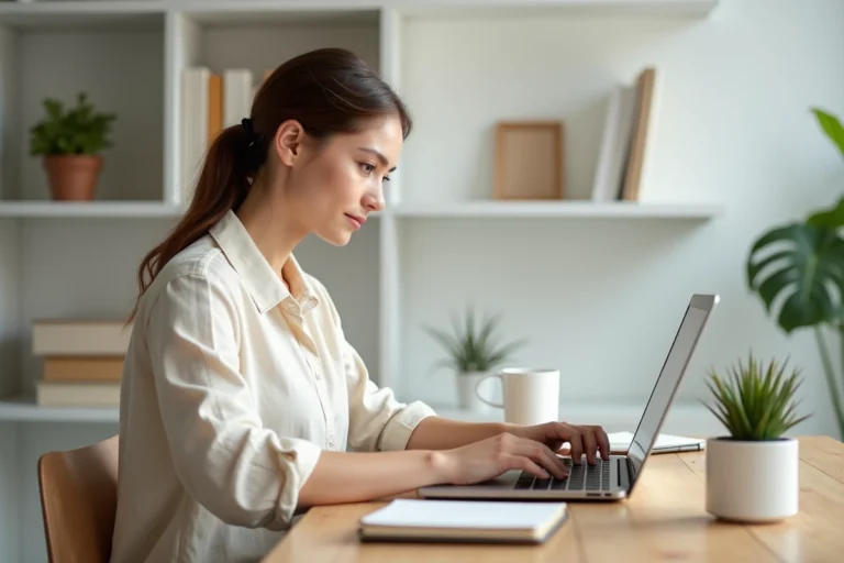 Blogueuse travaillant sur son ordinateur portable dans un espace de travail à domicile moderne et organisé, illustrant la monétisation et la réussite d'un blog en 2024