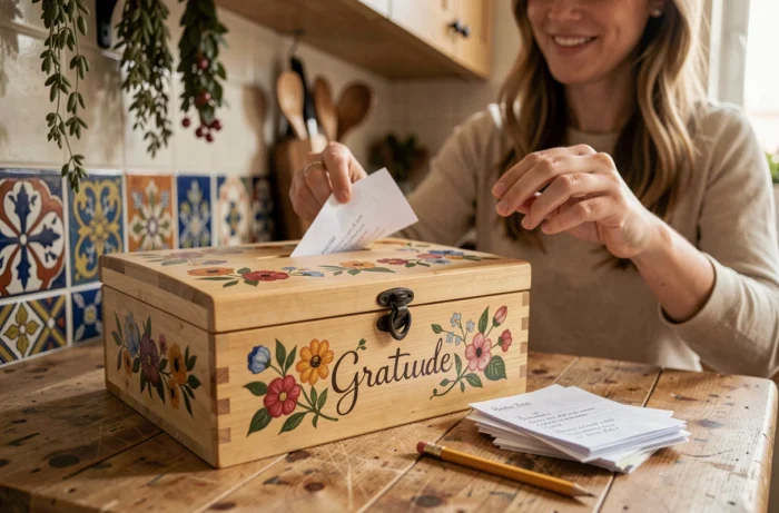 Une boîte à gratitude familiale artisanale en bois décorée de motifs peints posée sur un comptoir de cuisine avec des billets manuscrits