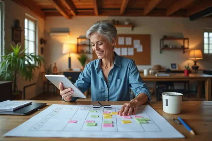 Femme consultant un calendrier éditorial imprimé avec des notes autocollantes colorées et une tablette, illustrant la publication régulière selon un planning de contenu