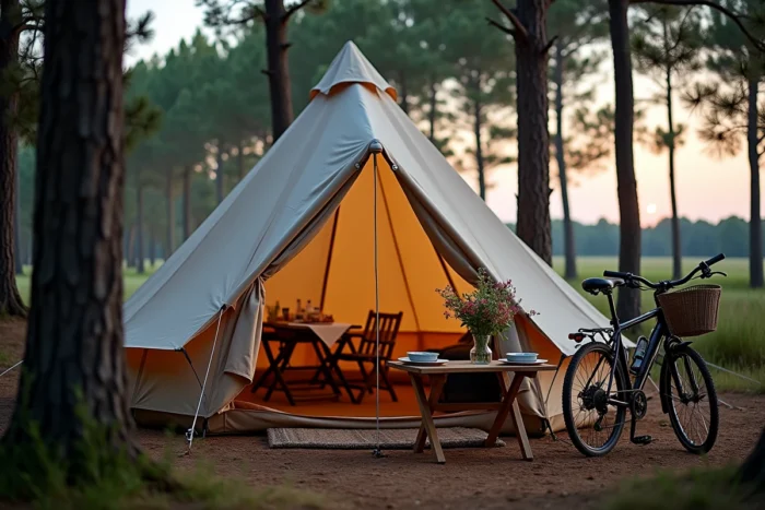 Emplacement camping convivial avec tente cloche en toile et vélos sous les pins au crépuscule dans les Landes