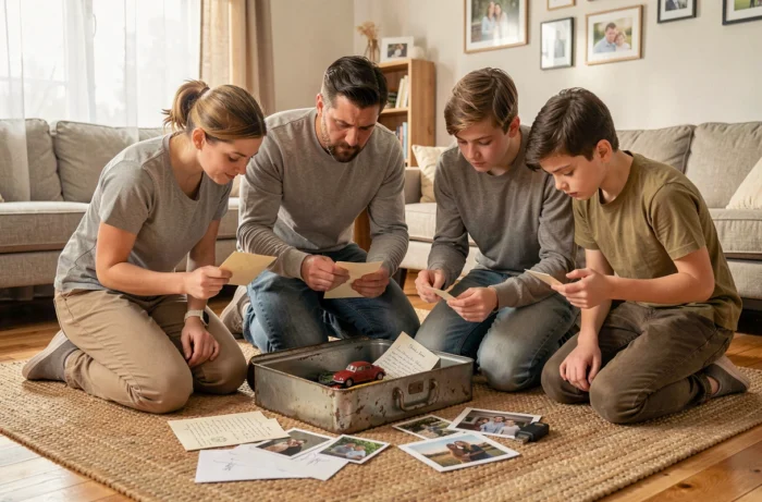 Une famille réunie autour de leur capsule temporelle annuelle ouverte sur le sol du salon avec des objets soigneusement choisis