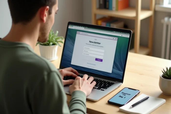 Jeune homme en henley olive configurant un formulaire de capture d'emails sur son ordinateur portable avec un notebook affichant la note 'Email List Day 1', illustrant la collecte d'emails dès le premier jour