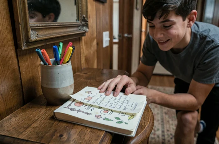 Un carnet de correspondance familiale posé dans un couloir de maison avec des notes manuscrites échangées entre membres de la famille