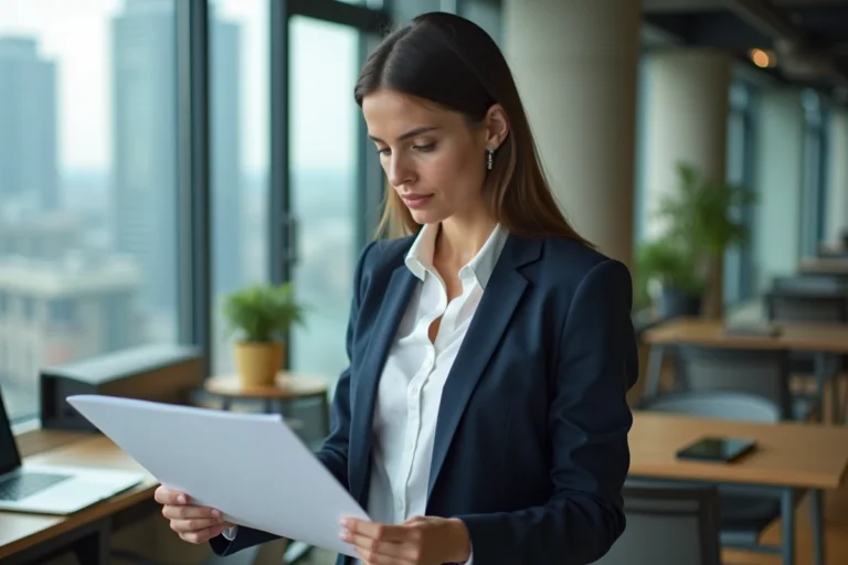 Femme professionnelle francophone travaillant dans un espace de coworking international avec vue sur une skyline urbaine