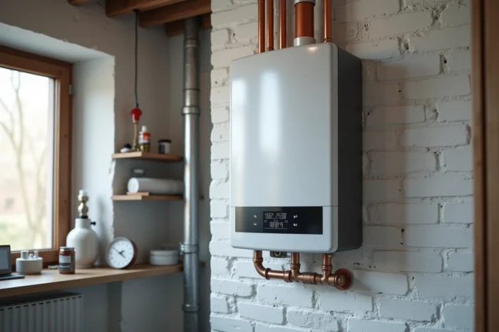 Condensing gas boiler with digital control panel and copper connections in a Brussels basement