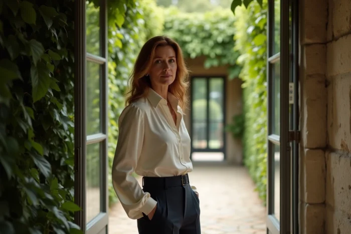 Mulher elegante diante de uma villa de campo francesa, evocando o universo privado e discreto de Christelle Bigoni