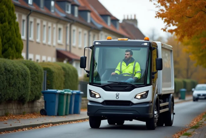 Conducteur de véhicule électrique de collecte des déchets dans une rue résidentielle luxembourgeoise