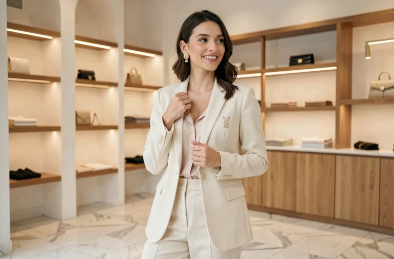 Femme élégante portant un blazer crème avec logo brodé inspiré de Playboy dans une boutique parisienne minimaliste