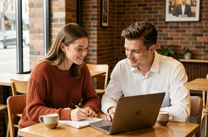 Deux collègues discutant et analysant des informations ensemble dans un café urbain