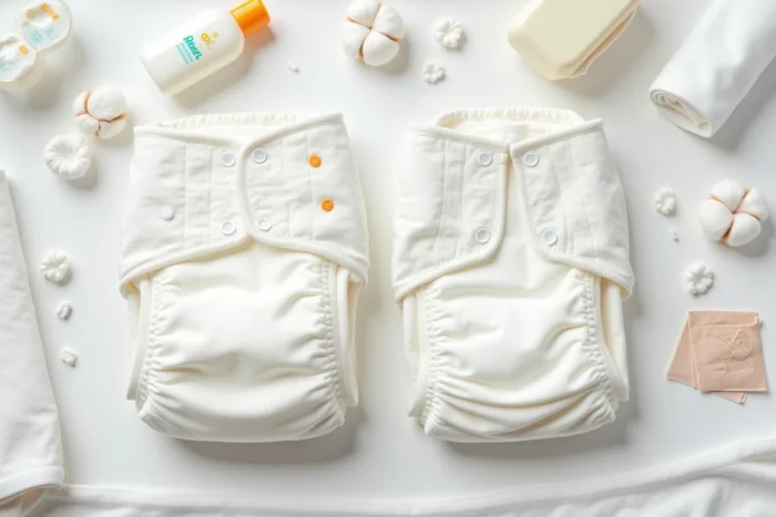 Vue aérienne comparative de deux couches Pampers Harmonie et Premium Protection ouvertes côte à côte sur un plan à langer blanc