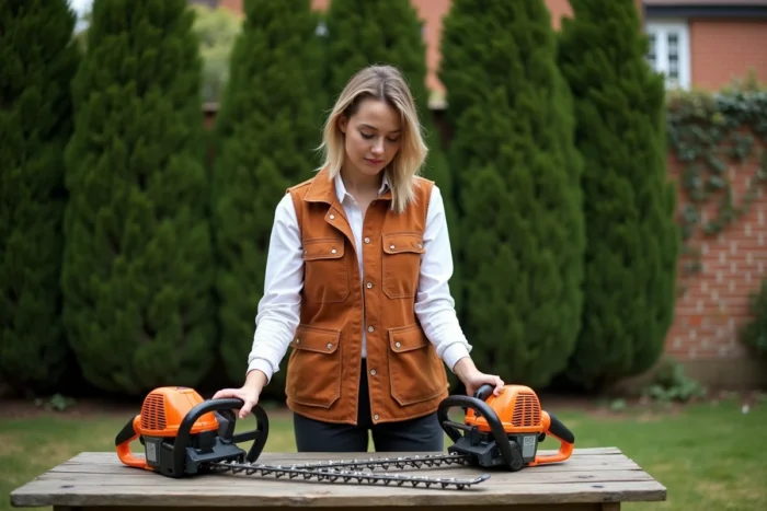 Femme comparant deux modèles de taille-haies télescopiques sur une table de jardin en bois