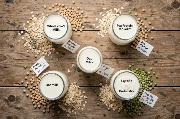 Vue de dessus de différents types de lait riches en protéines disposés sur une table en bois rustique avec leurs ingrédients d'origine