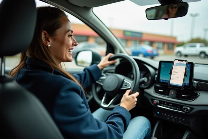 Conductrice souriante dans sa voiture utilisant l'application BlaBlaCar sur son smartphone monté sur tableau de bord