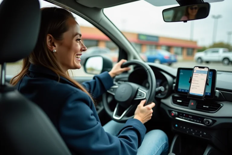 Conductrice souriante dans sa voiture utilisant l'application BlaBlaCar sur son smartphone monté sur tableau de bord
