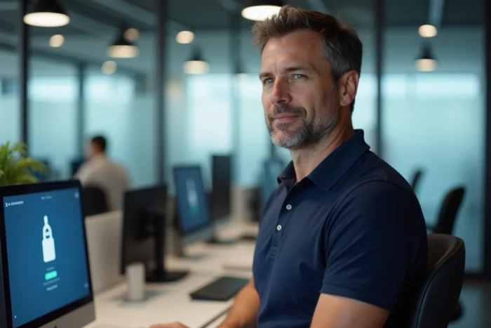 Hombre conectándose a su espacio personal en un portal profesional desde una oficina en open space