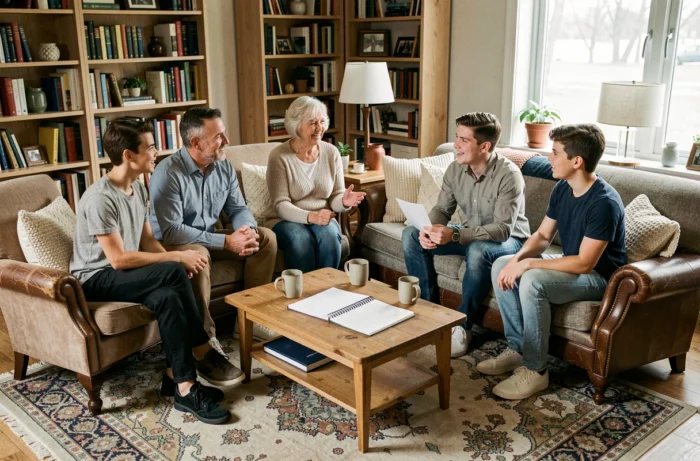 Une famille réunie en cercle dans le salon pour leur conseil de famille hebdomadaire structuré avec un agenda commun