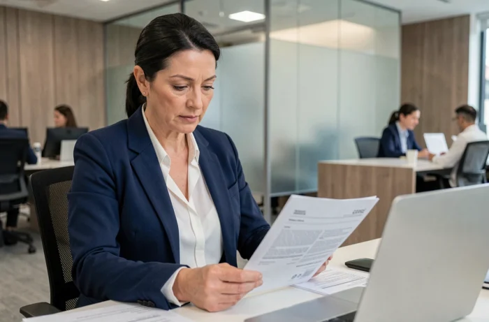 Conseillère bancaire analysant des documents de prêt immobilier dans une agence moderne en 2024