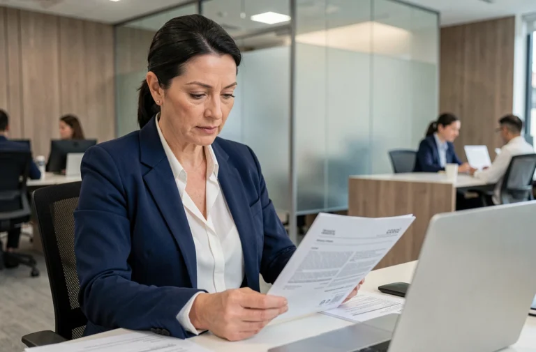 Conseillère bancaire analysant des documents de prêt immobilier dans une agence moderne en 2024