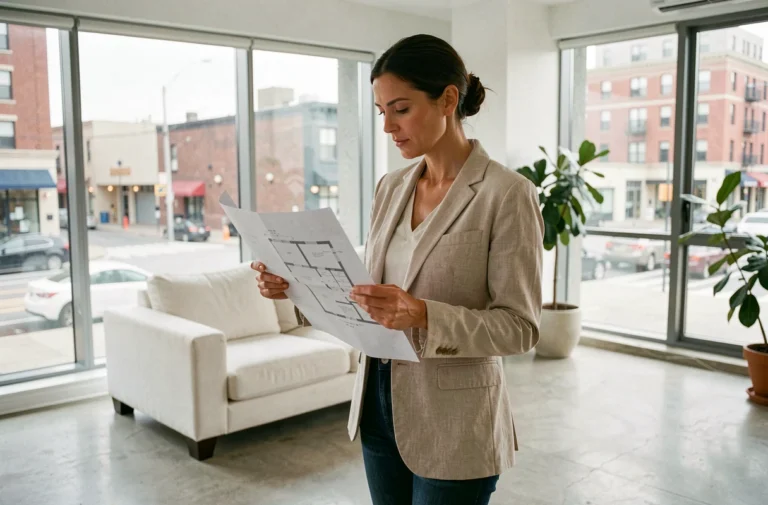 Femme consultant des plans d'appartement dans un salon moderne et lumineux