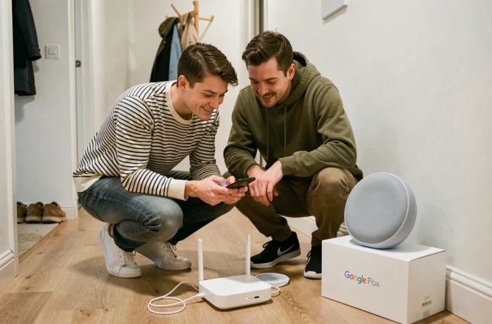 Couple configurant ensemble la Freebox Pop avec Google Assistant dans un couloir d'appartement