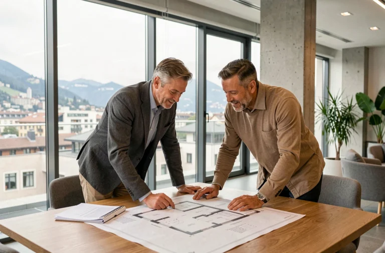 Couple examinant des plans immobiliers dans une agence moderne à Genève pour leur projet d'achat en Suisse romande