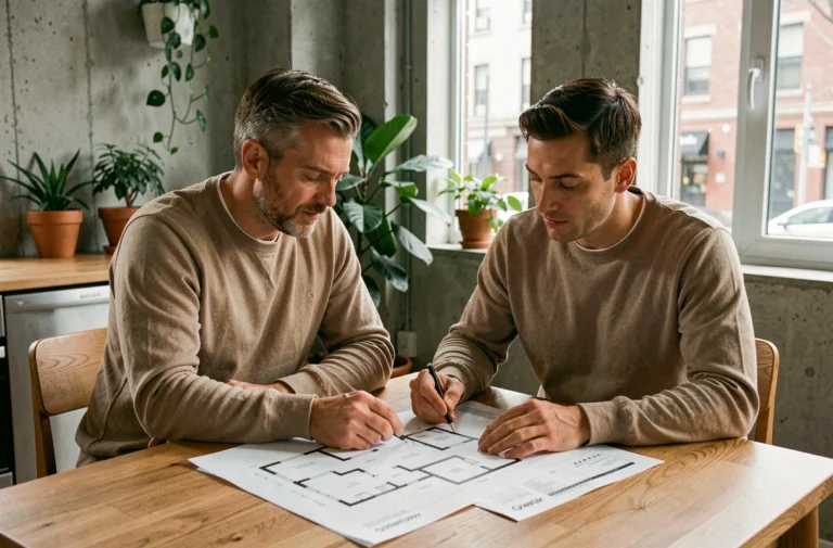 Couple examinant des documents immobiliers à une table en bois dans un appartement moderne