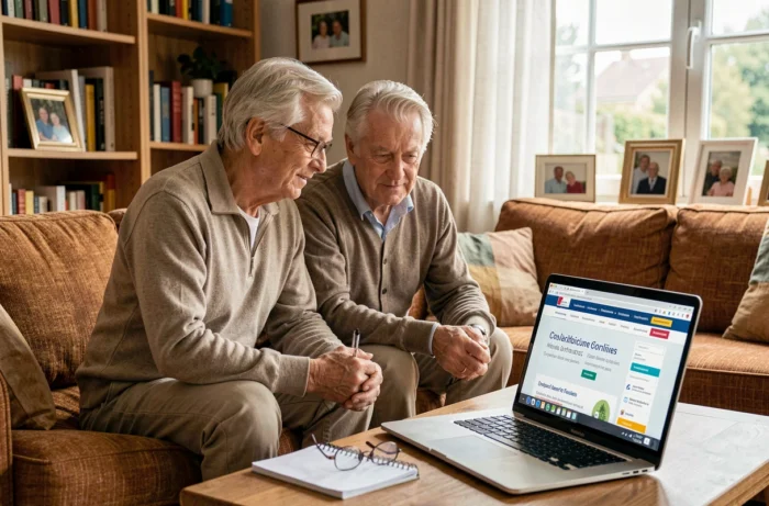 Couple de seniors recherchant des subventions pour leur complémentaire santé en ligne